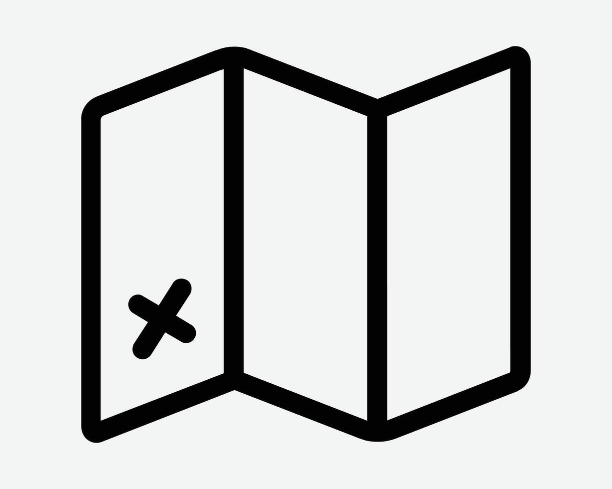 Folding Folded Map With Landmark Location X Point Position Navigation Direction Adventure Exploration Explore Paper Route Journey Black Outline vector