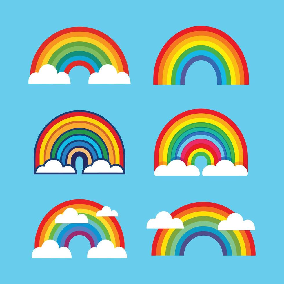 Cute Rainbow Icon Set with Clouds Flat Colorful Illustration Design vector
