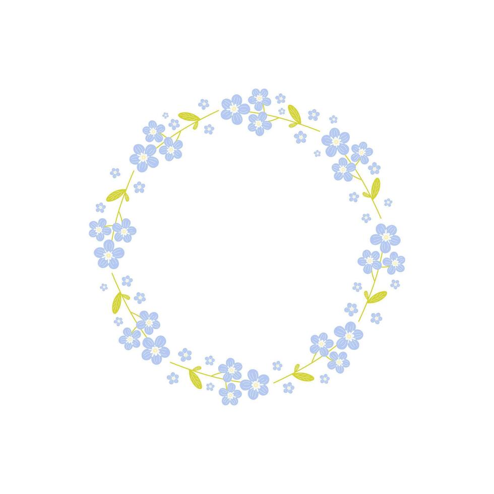 Colorful floral wreath with beautiful hand drawn flowers. Round frame with forget-me-not wildflower. Isolated on white background. Perfect for wedding invitation, greeting card etc vector