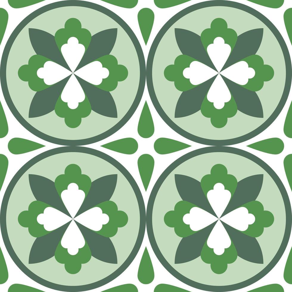 A green and white tile pattern with four leaves vector