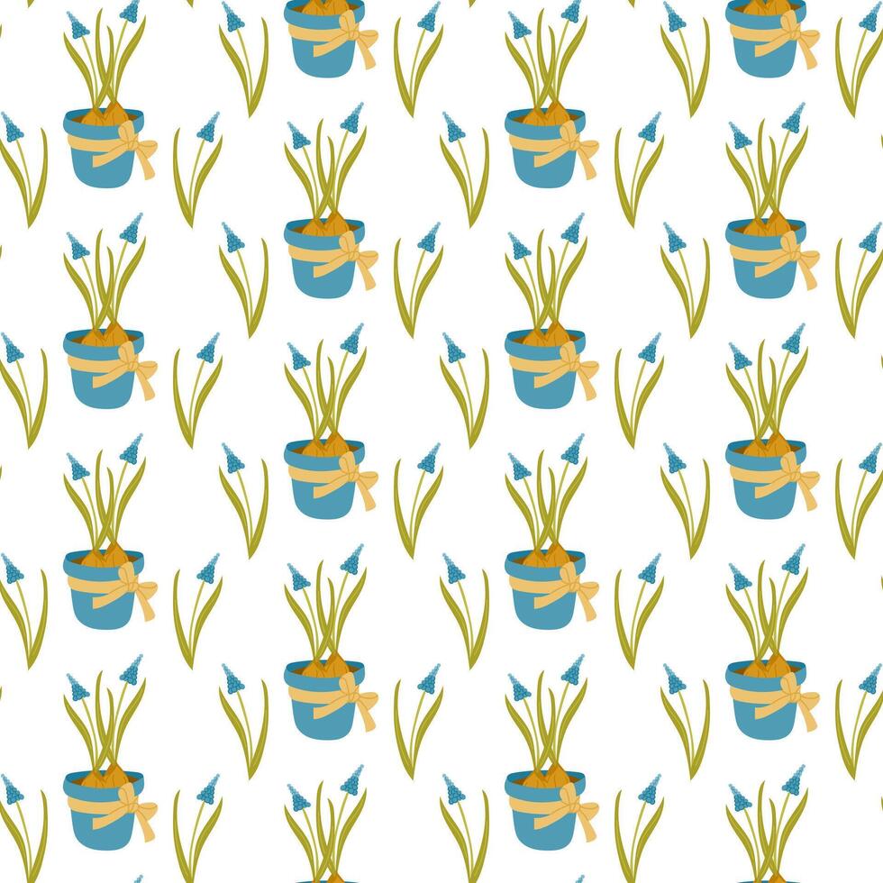 Seamless pattern with potted flowers tied with ribbon and delicate blue blossoms on white background. Represents spring decoration, gardening and floral aesthetics in a hand drawn style vector
