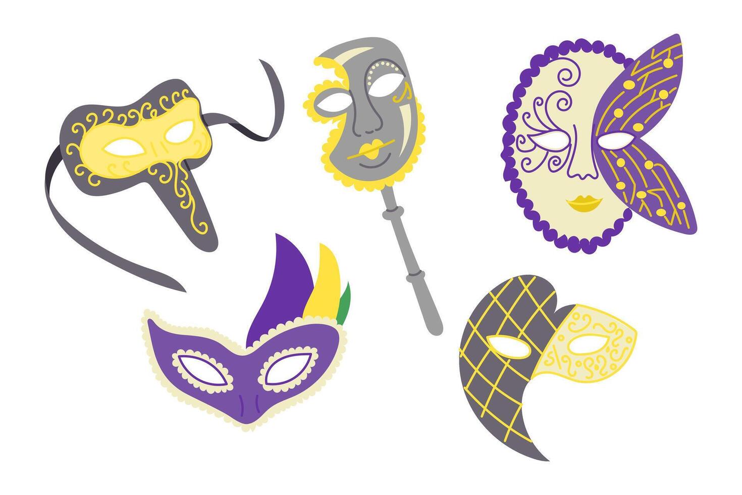 Set of colorful decorative carnival masks with feathers, swirls and ribbons on white background. Represents celebration, mystery and masquerade themes in a hand drawn illustration vector