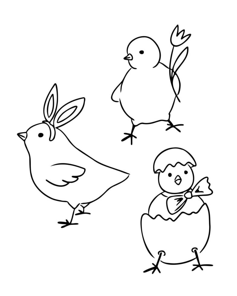 Cute hand drawn Easter chicks in different poses with accessories like bunny ears, flower, and egg shell. Concept of spring celebration and holiday fun with baby birds in festive themed illustration vector