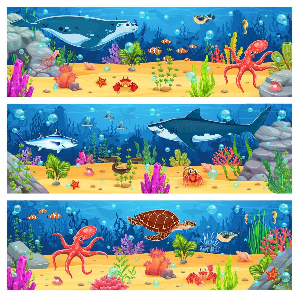 Cartoon underwater landscape, game map background vector