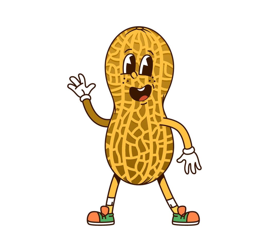 Cartoon groovy peanut nut character waving hand vector