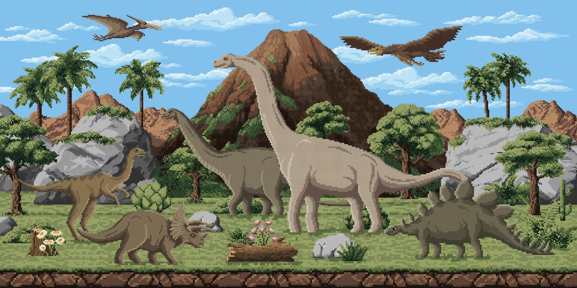 Prehistoric dinosaurs, 8bit pixel game landscape vector