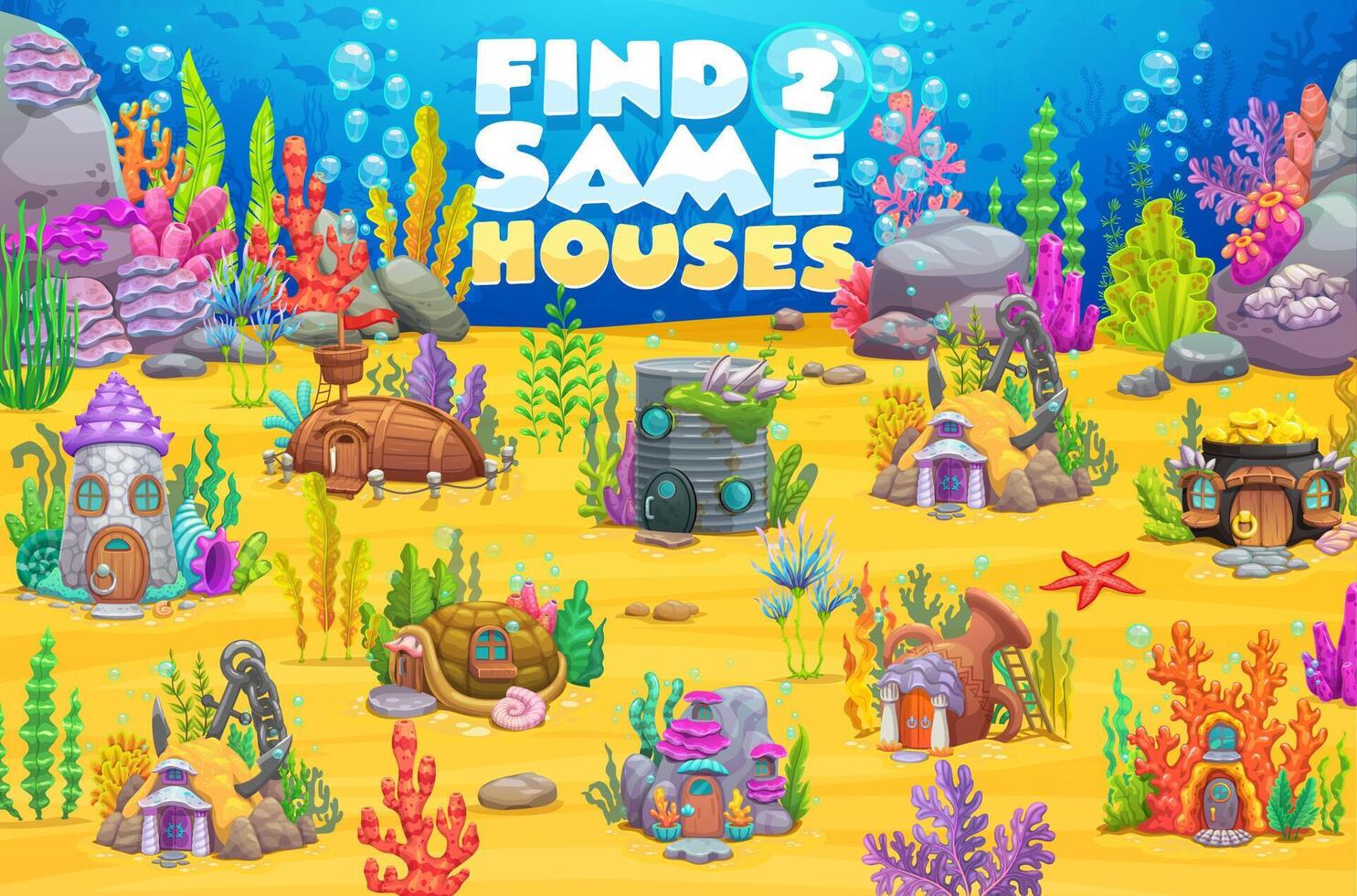 Kids worksheet, find same underwater houses vector