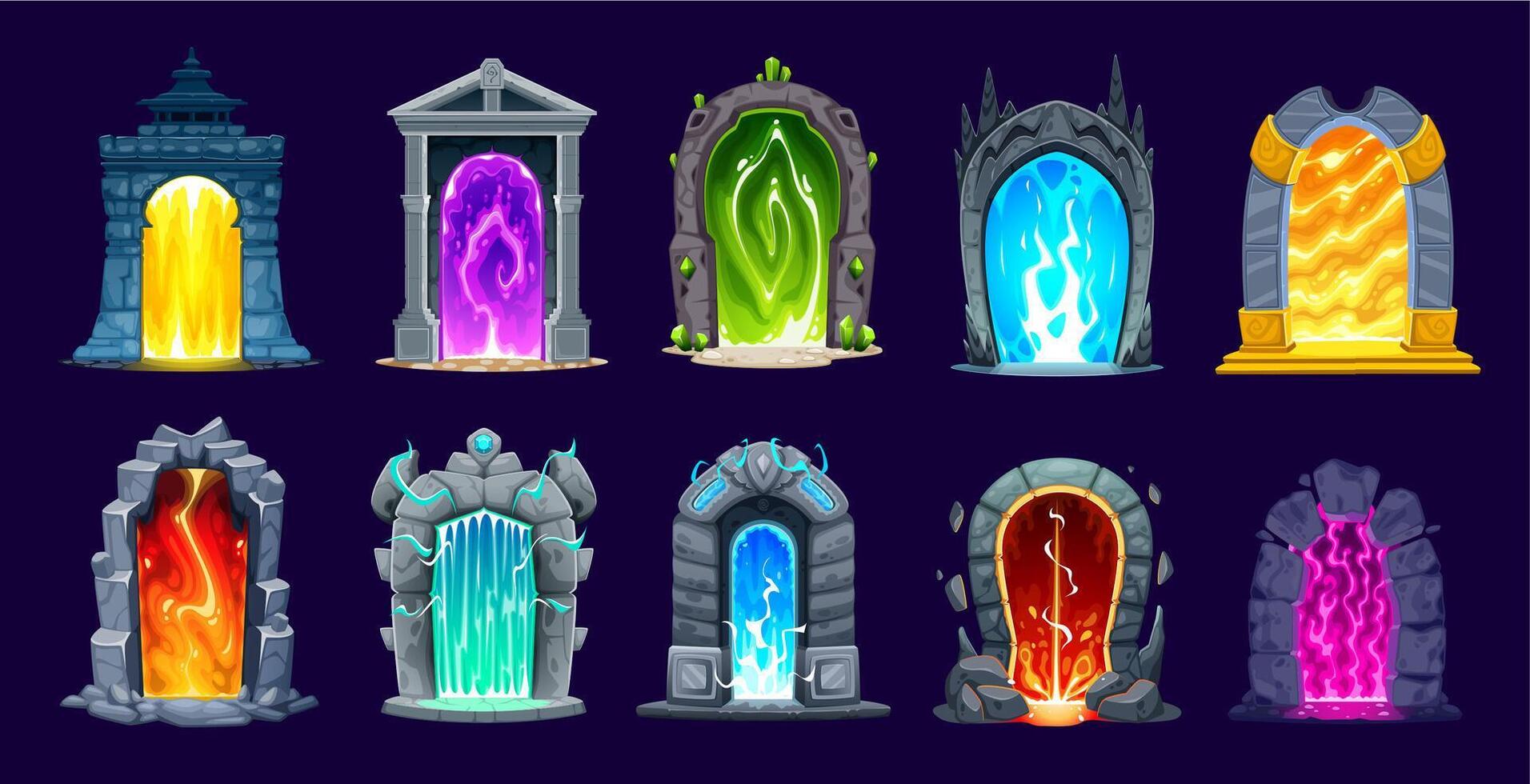 Magic teleport portal gates and doors, game assets vector