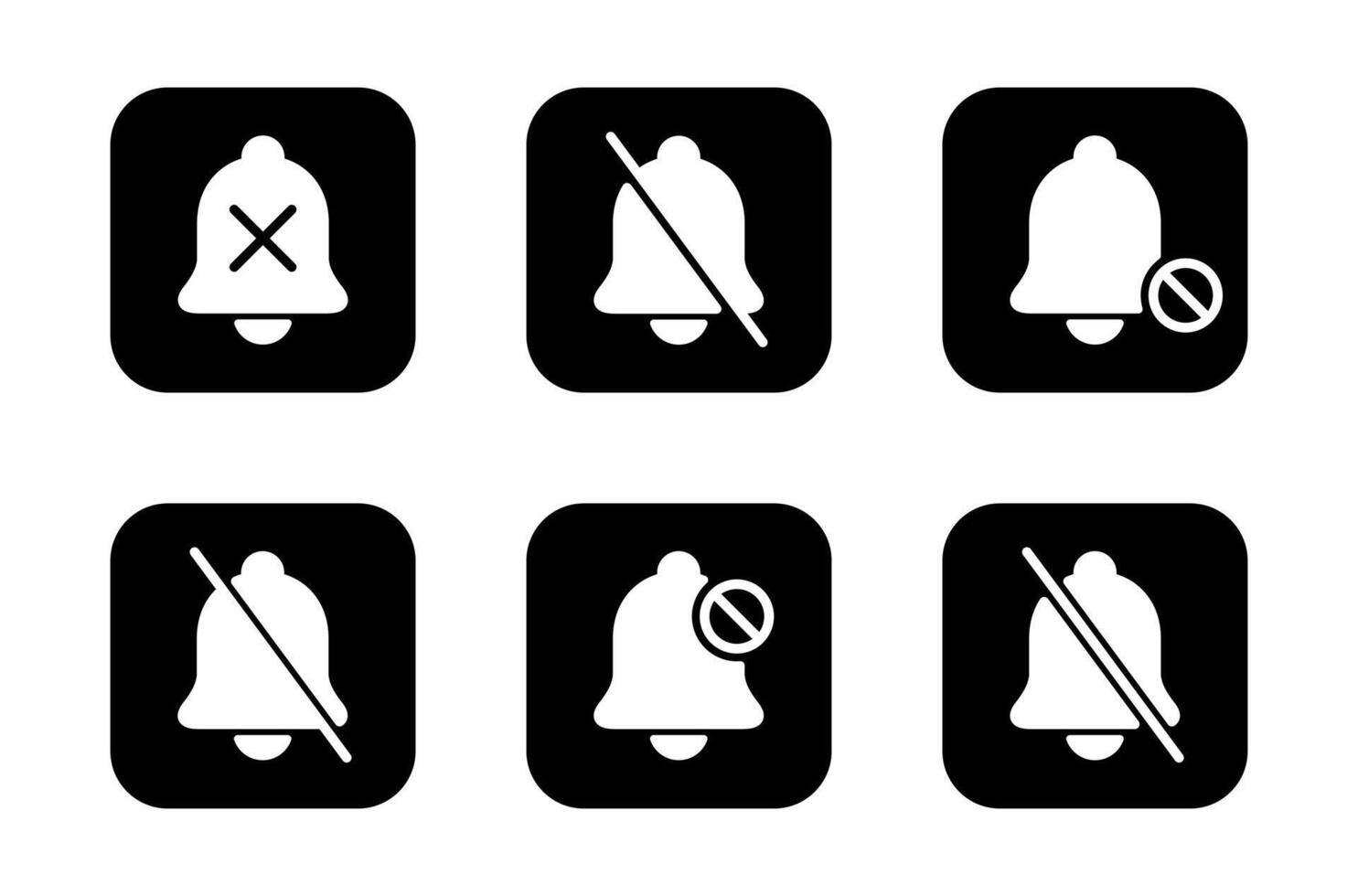 Silent bell icon set collection on black square. Mute sound, notification prohibition sign symbol vector
