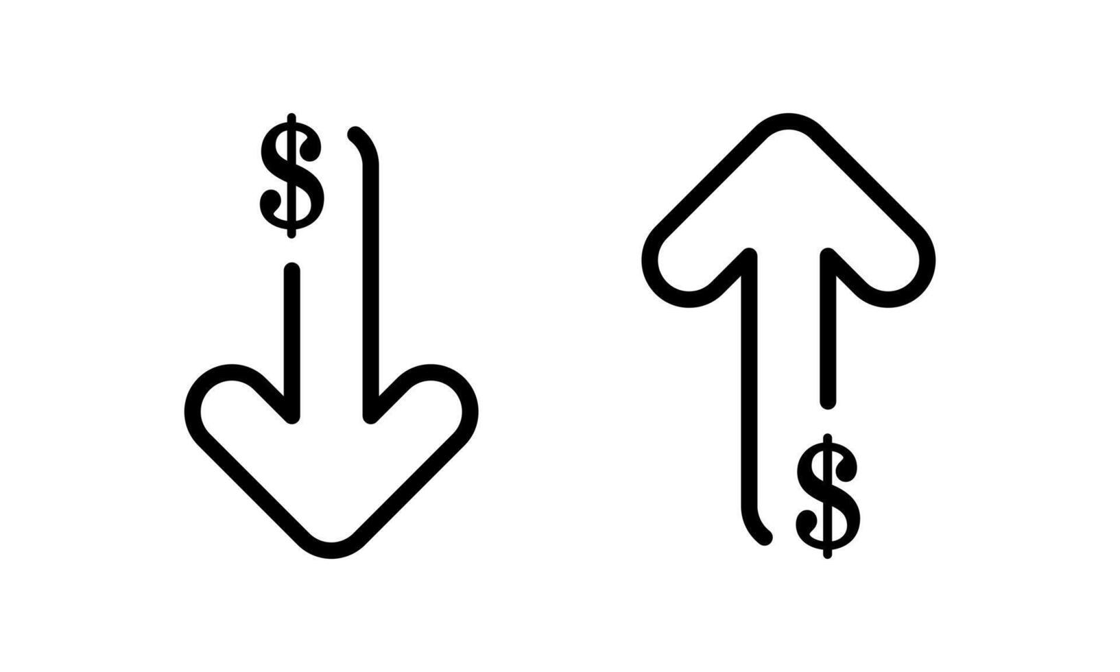 Dollar arrow down and up outline icon. USD currency arrows decline and growth sign symbol vector