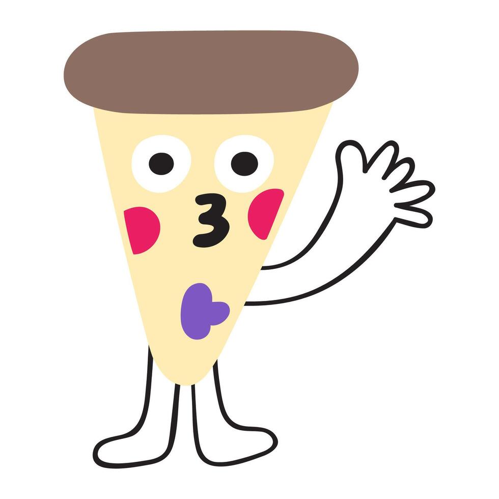 Slice of pizza. Cute character waving. Hand drawn illustration on white background. vector