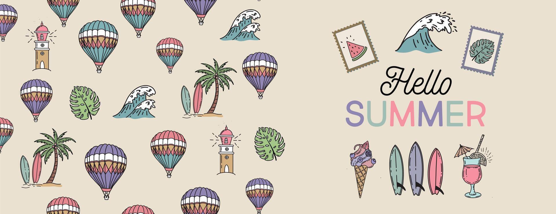Hello Summer, pattern with air balloon, surfboard and wave, hand drawn illustration vector
