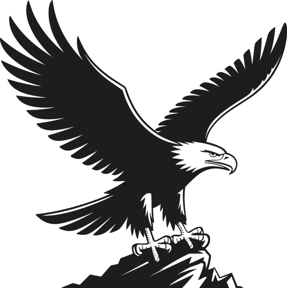 Bold Eagle Silhouette Perched on Rock with Spread Wings - Illustration vector