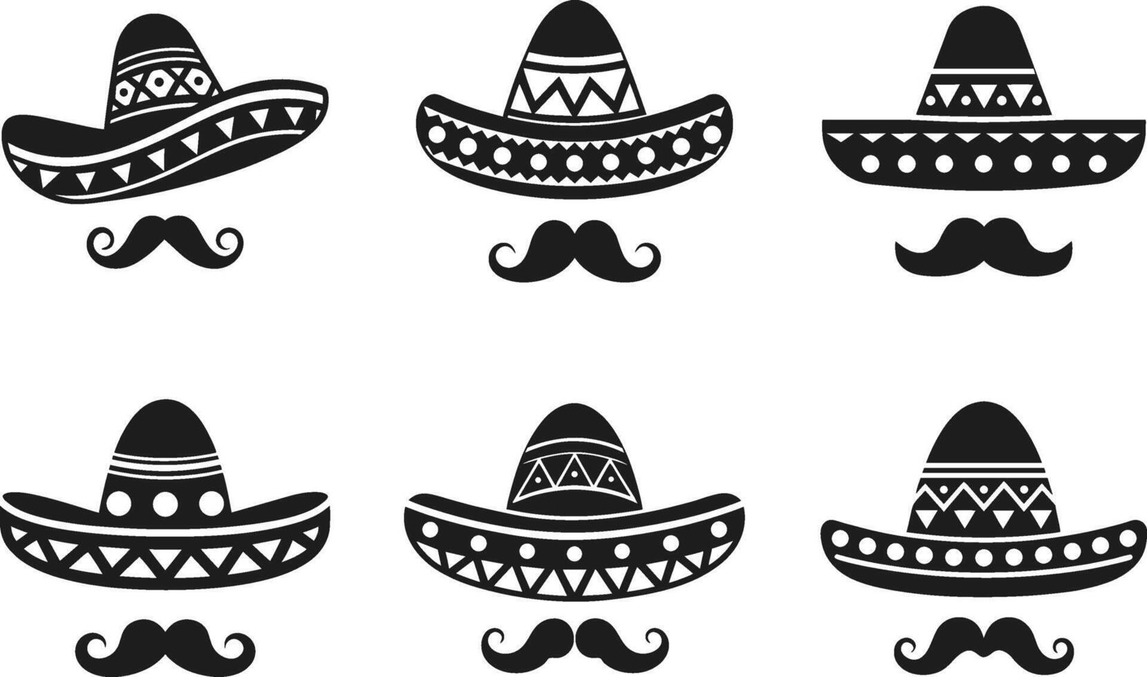 A Set of Mexican Sombrero and Mustache Silhouettes - Traditional Fiesta Icons vector
