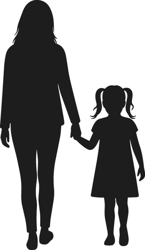Silhouette of Mother and Daughter Walking Hand in Hand - Family Love vector
