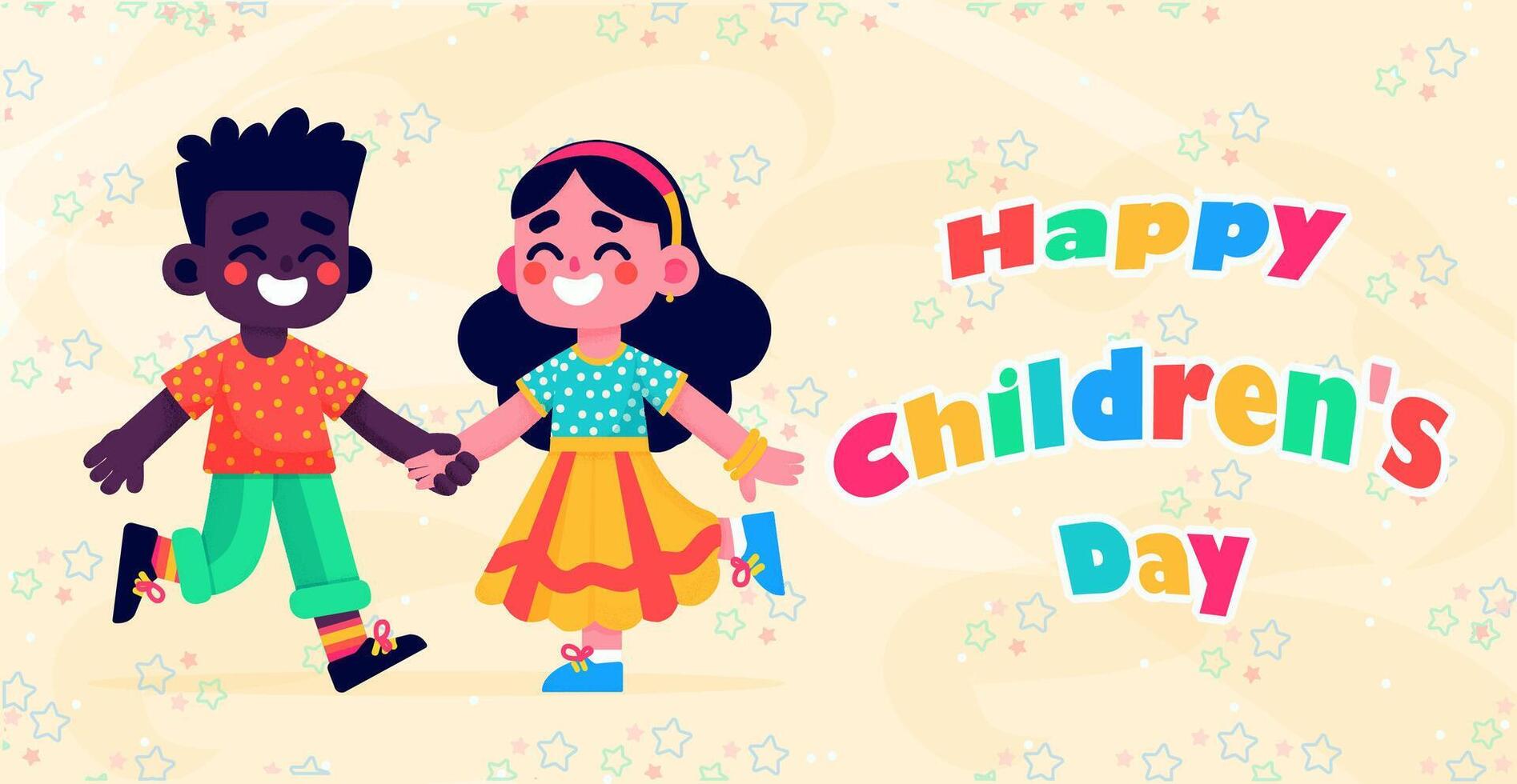 Whimsical cartoon card of two cheerful kids holding hands on Children's Day. Vibrant outfits, cute design, starry pastel background, and joyful 'Happy Children's Day' rainbow text vector
