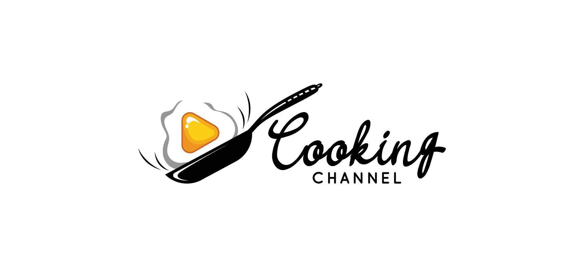 Cooking channel logo design with fried egg icon symbol with pan vector