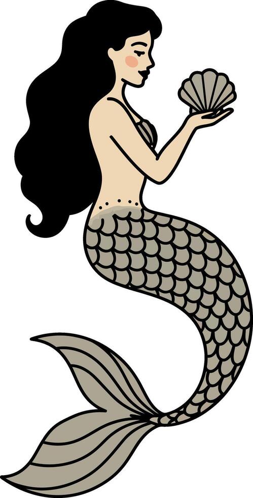 Mermaids with long black hair holding seashells in minimal style underwater illustration vector