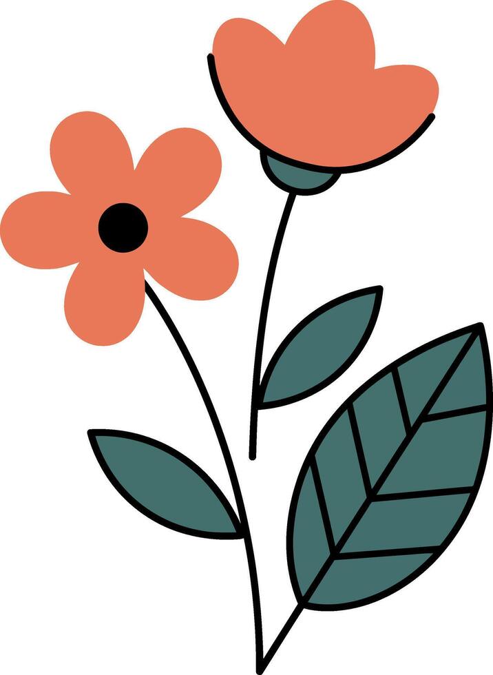 Simple two orange flowers with green leaves minimal flat style botanical illustration vector