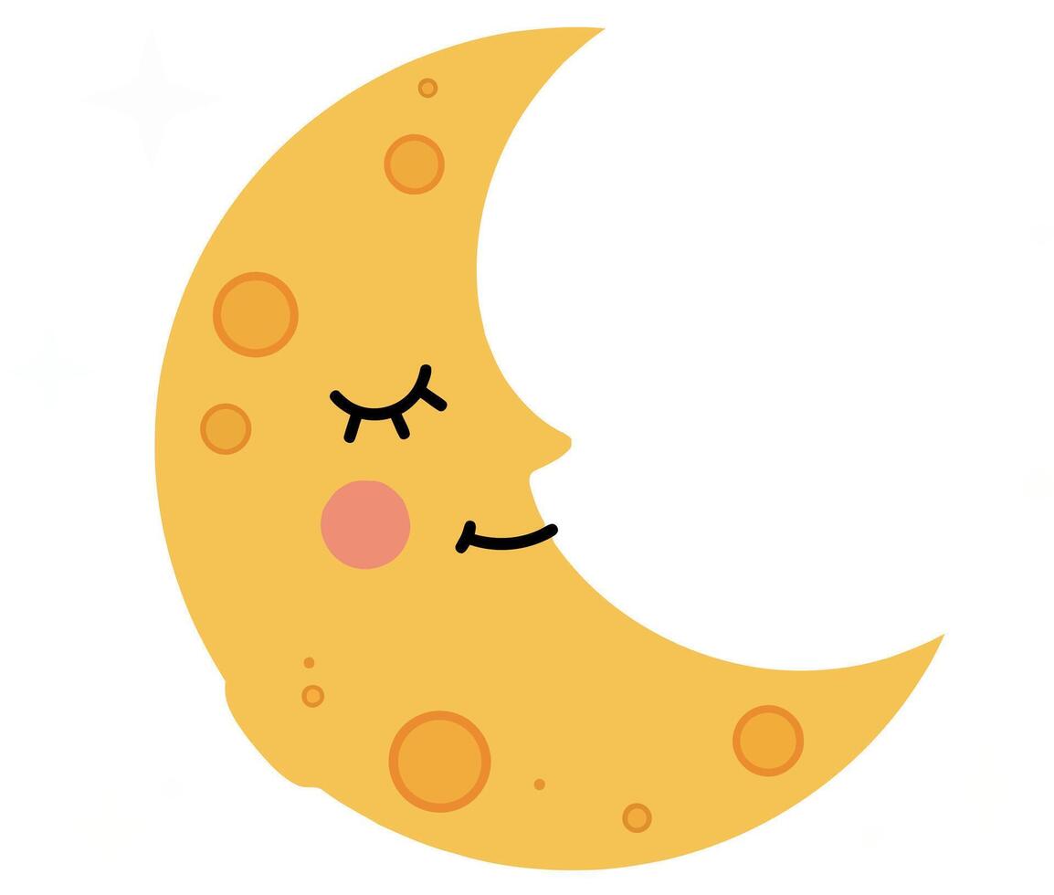 Smiling crescent moon with closed eyes and craters in minimal flat style illustration vector