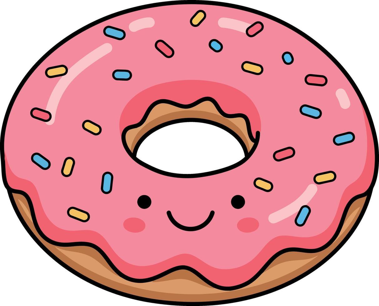 Cute pink frosted donut with colorful sprinkles and smiling face in flat cartoon style illustration vector