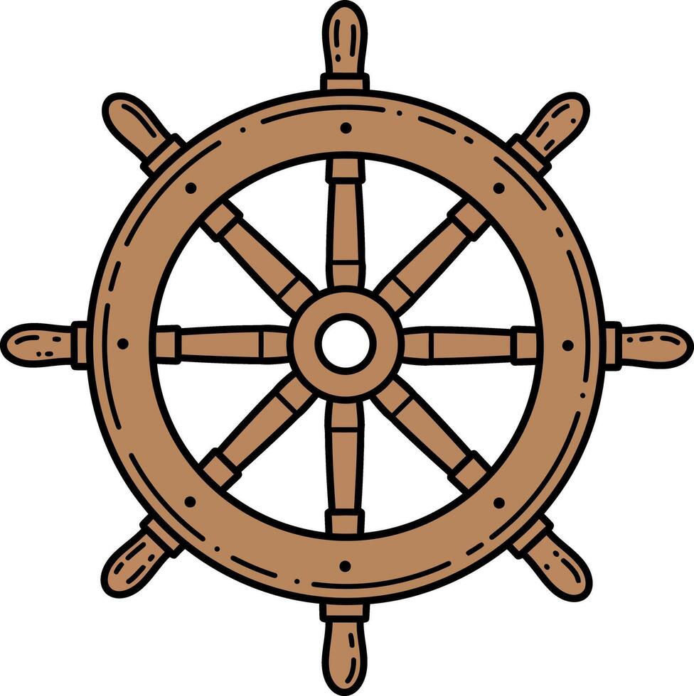 Wooden ship steering wheel with eight handles nautical equipment flat design illustration vector