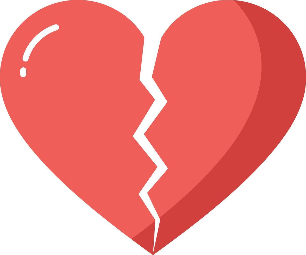 Broken red heart symbol with glossy highlights in flat style representing sadness and heartbreak art vector