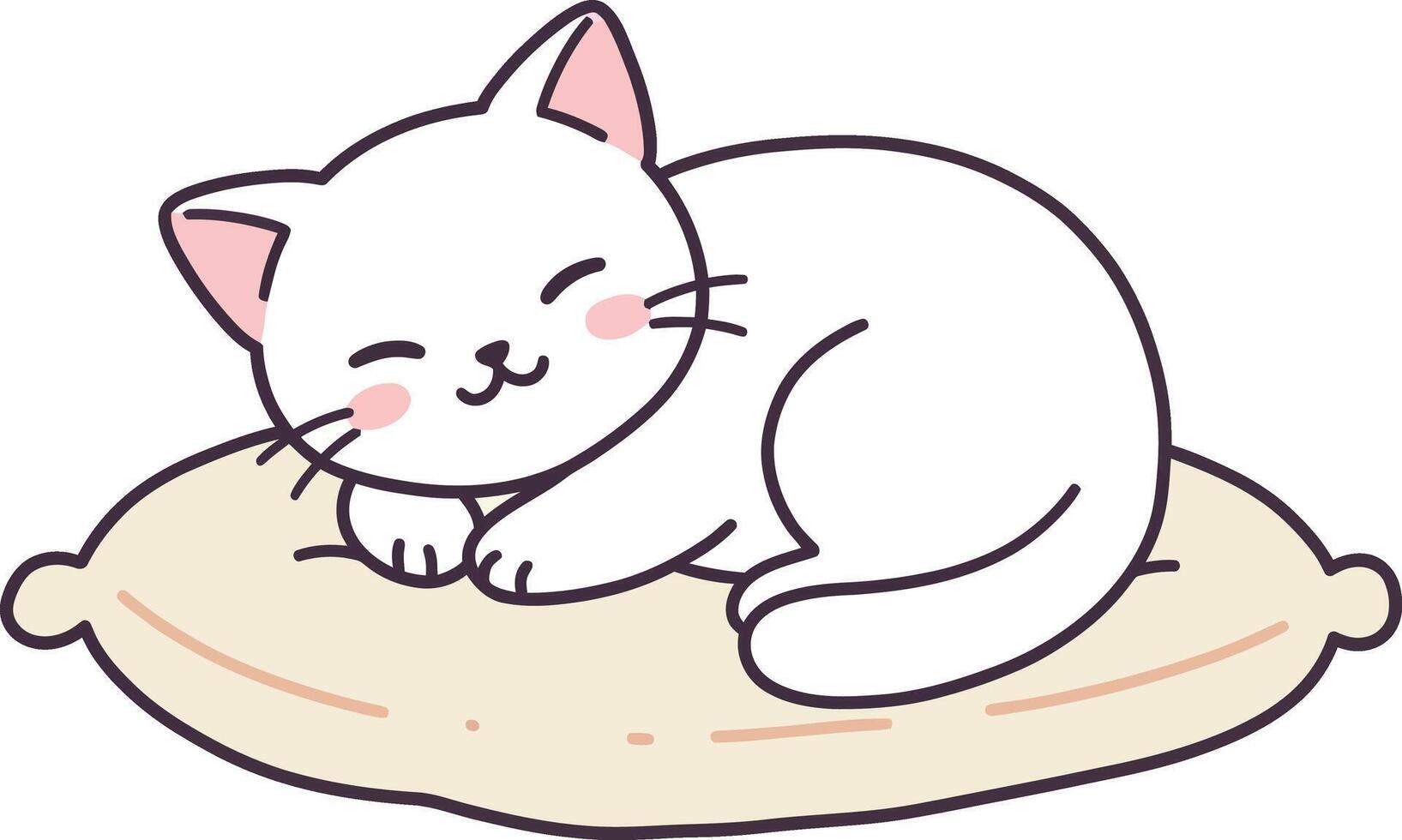 White cat sleeping peacefully on beige cushion in minimal flat style illustration vector