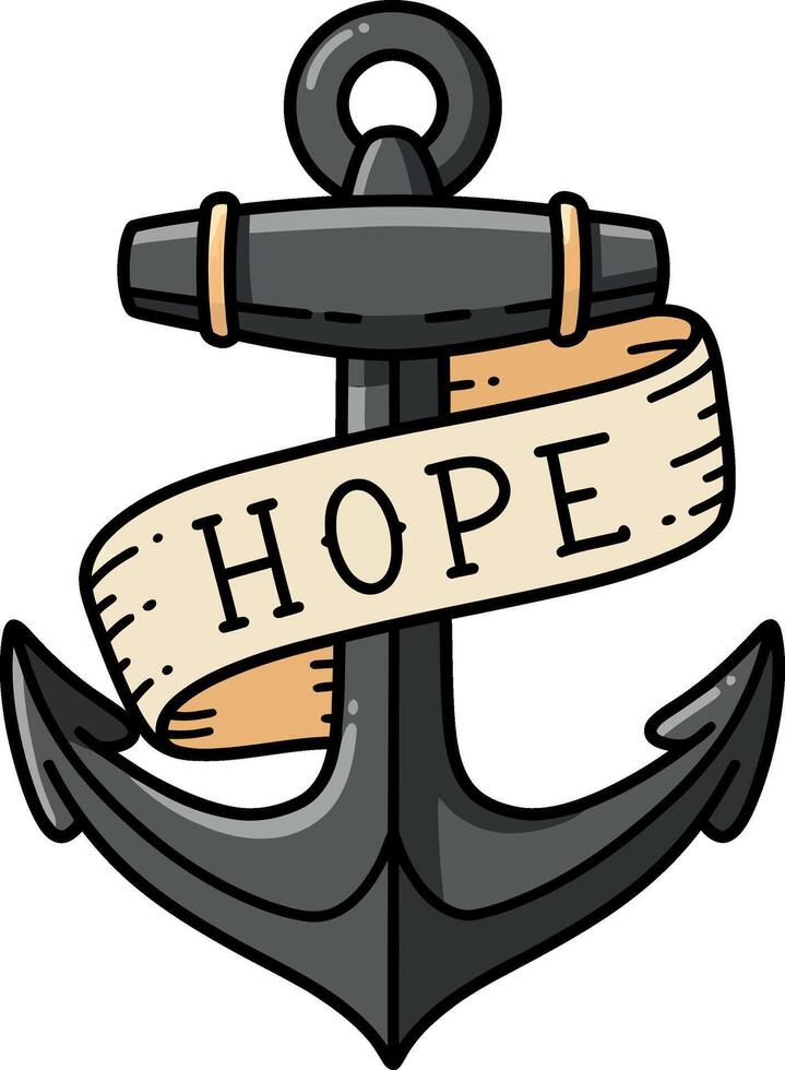 Black metal anchor with beige ribbon displaying hope text flat design minimal illustration vector