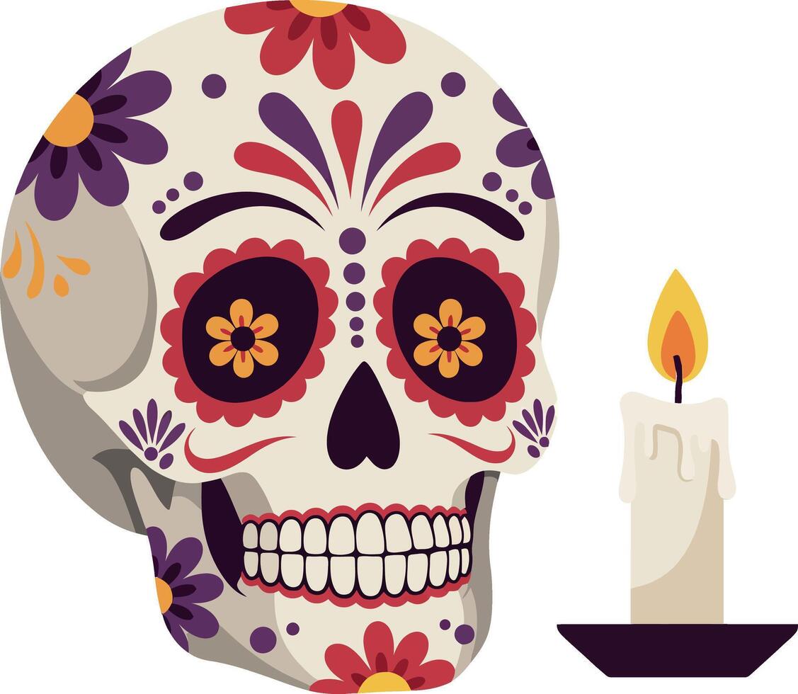 Decorative sugar skull with colorful floral patterns and lit candle flat design illustration vector