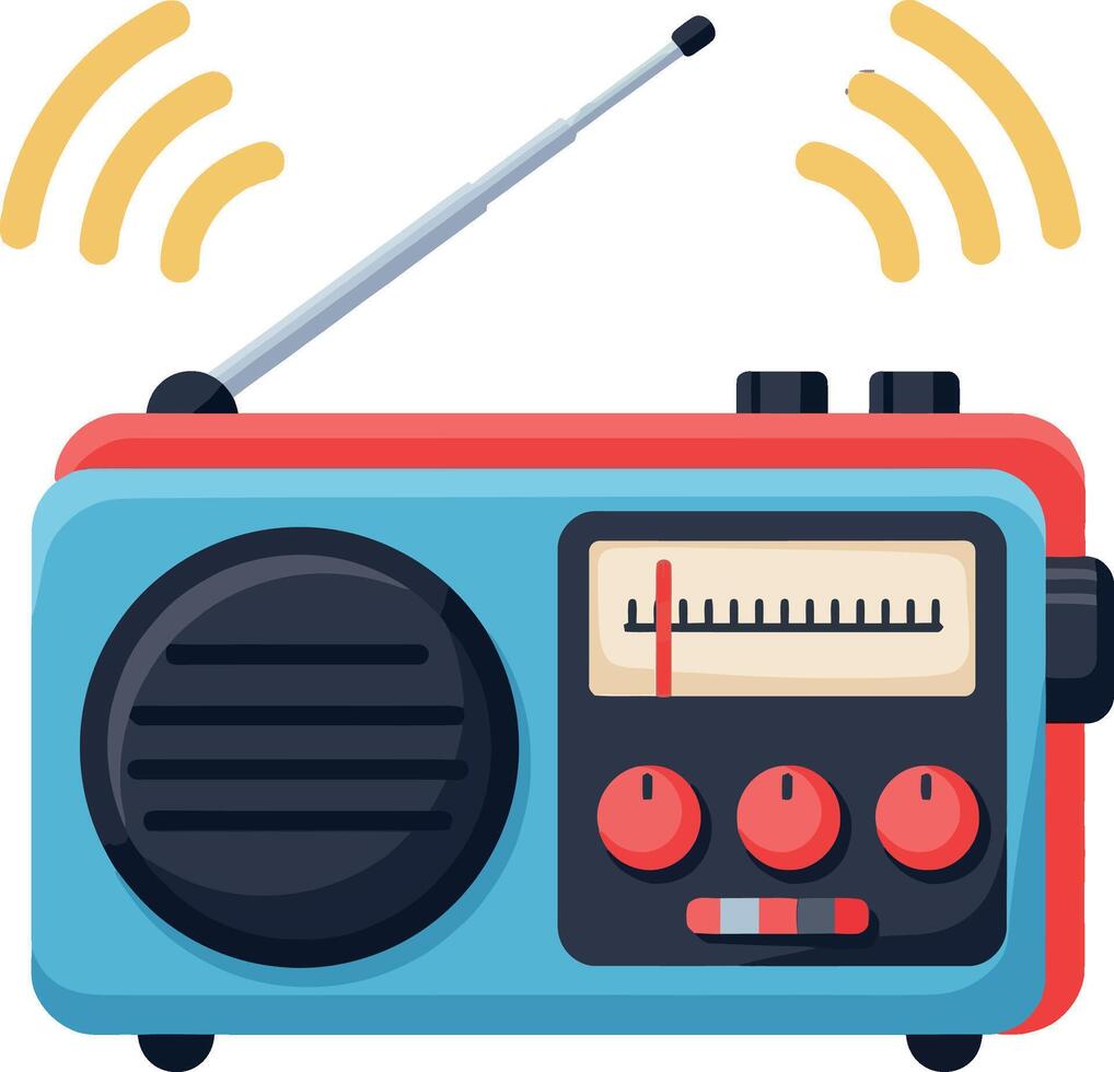 Retro portable radio with antenna and sound waves flat design art vector