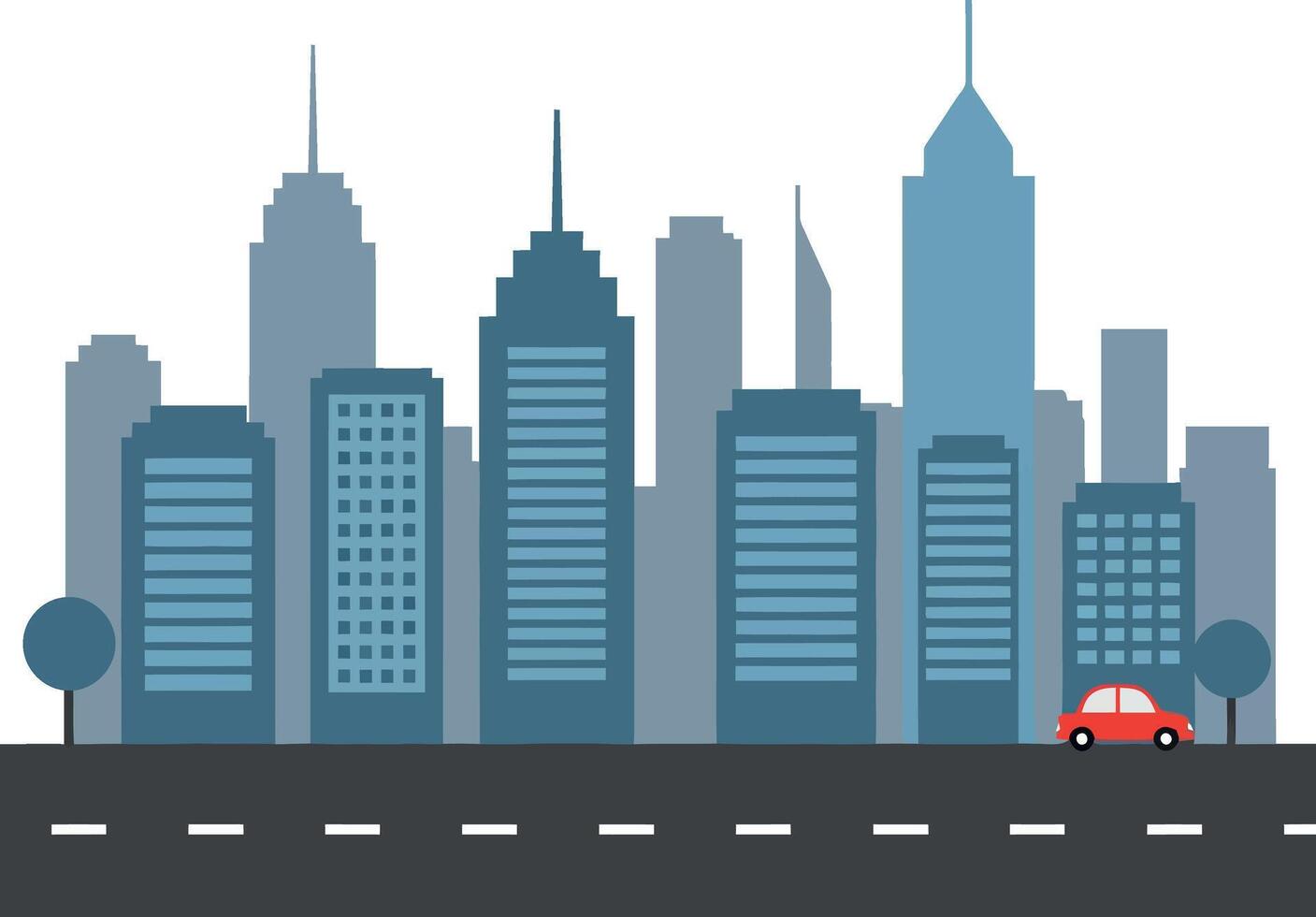 Modern city skyline with various skyscrapers and small red car on street flat illustration vector