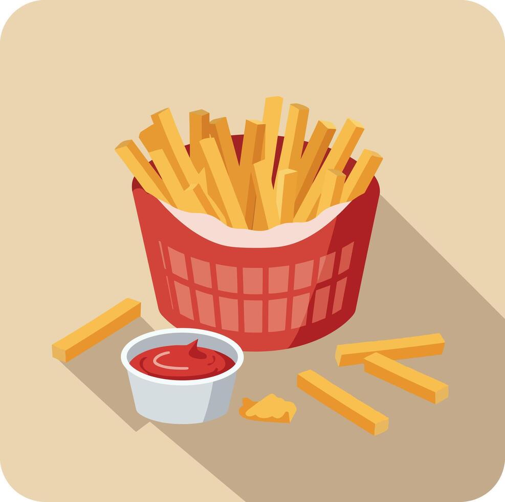 Crispy golden French fries in red container with ketchup cup flat design illustration vector