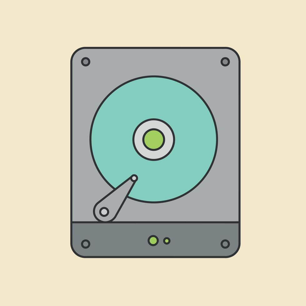 Hard drive device with open disk platter and read arm flat minimal technology illustration vector