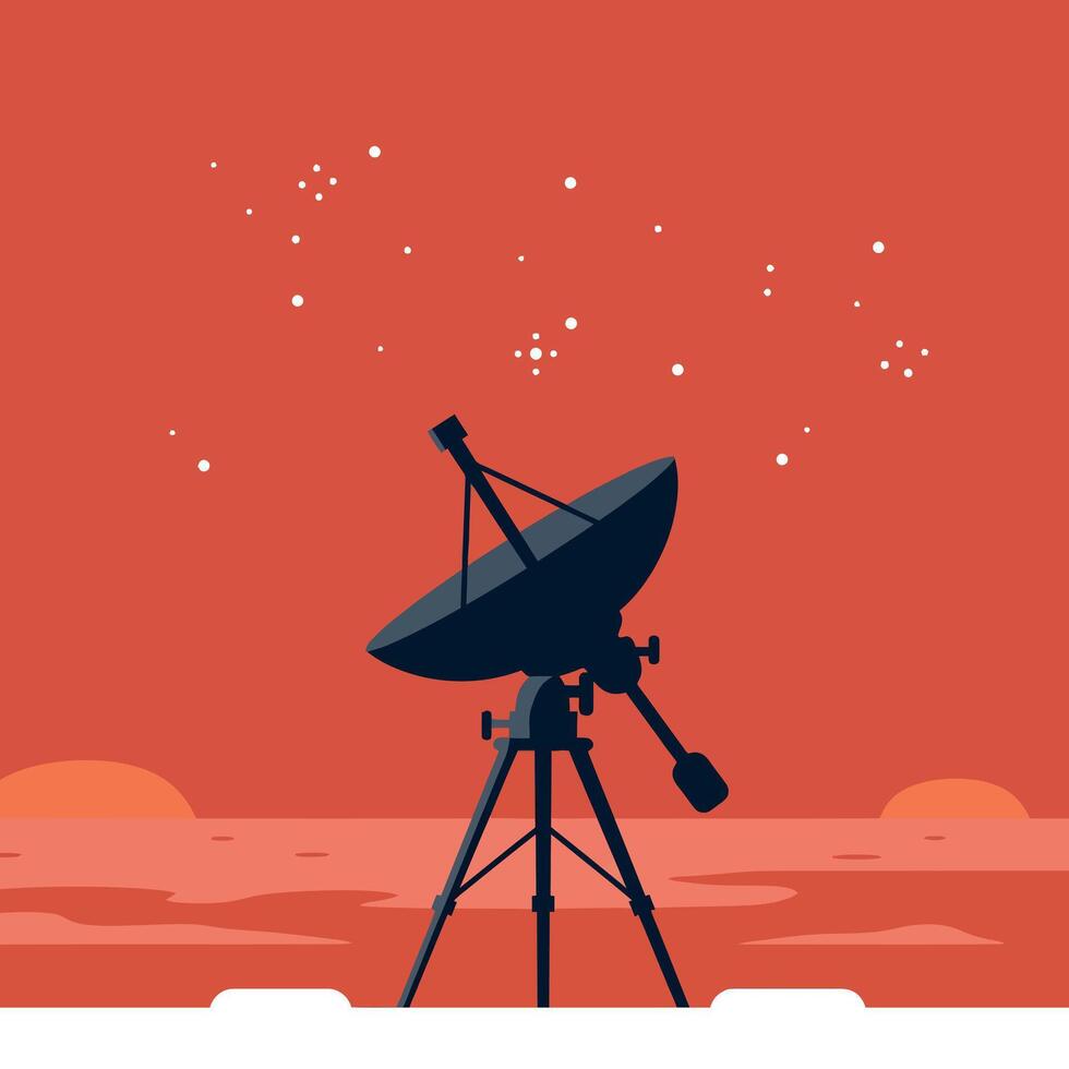 Satellite dish telescope silhouette under starry sky in minimal flat design art vector
