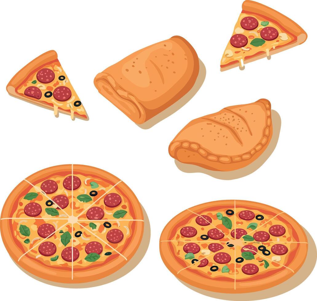 Pepperoni pizza slices and calzone pieces in flat style detailed illustration of Italian food items with toppings and crust vector