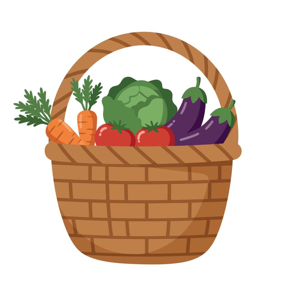 Fresh vegetables basket with carrots cabbage tomatoes and eggplants in flat design illustration vector