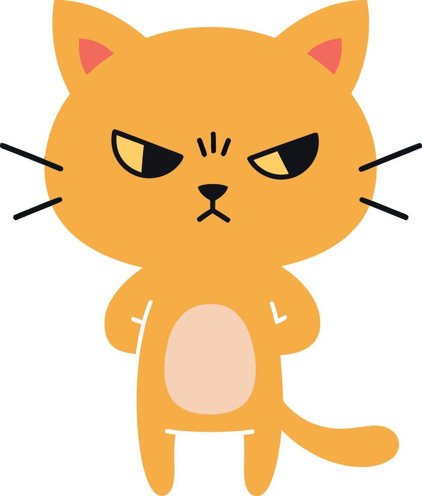 Angry orange cat with crossed arms and narrowed eyes in flat cartoon style illustration vector