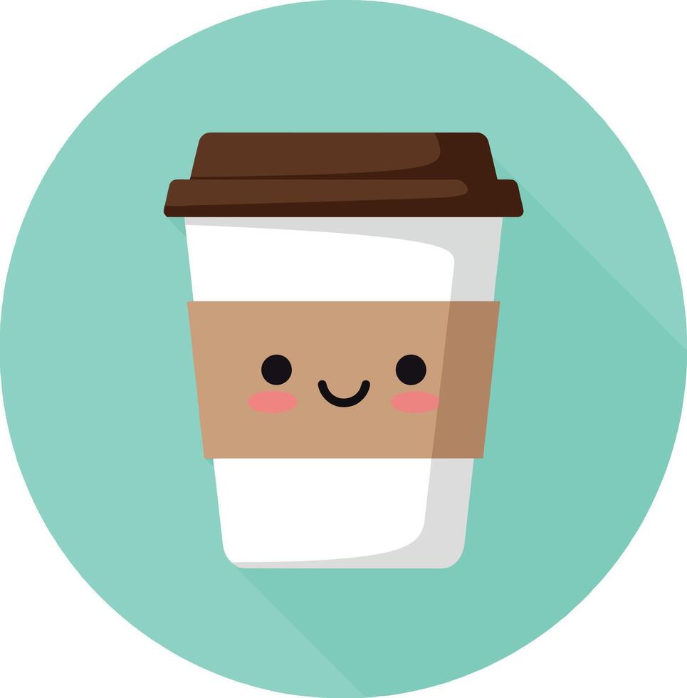 Cute smiling coffee cup with brown lid and sleeve in flat design style illustration vector