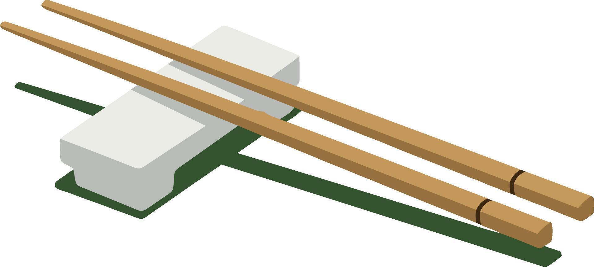 Pair of wooden chopsticks resting on a ceramic chopstick rest in minimal flat art vector