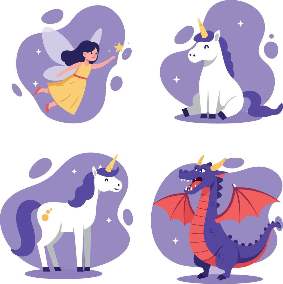 Cute magical fairy, white unicorns, and purple dragon in flat cartoon style illustration vector