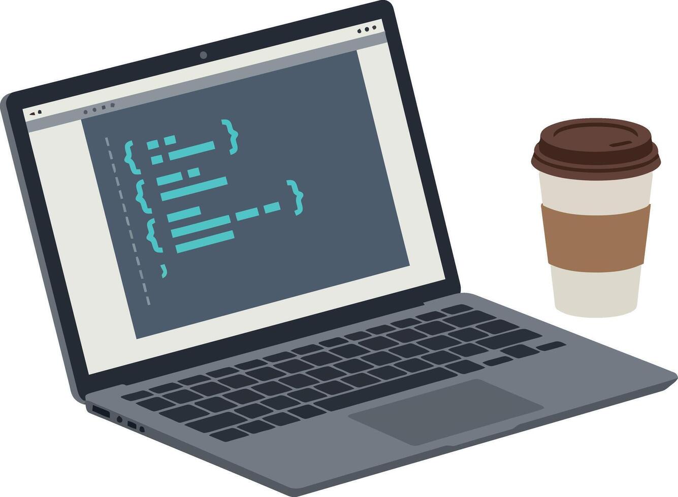 Laptop showing code and takeaway coffee cup flat design minimal illustration vector