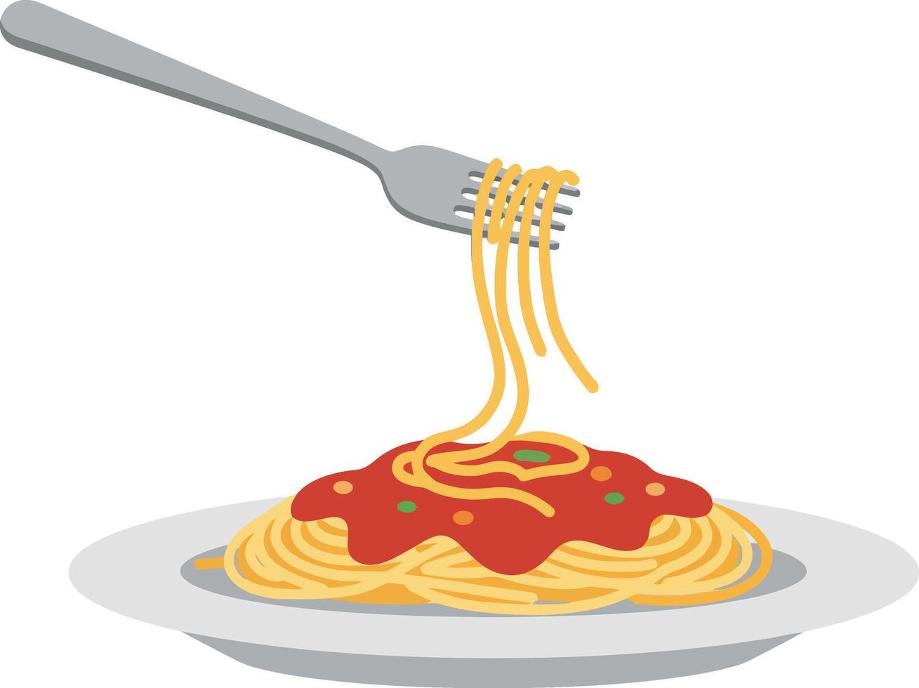 Spaghetti pasta with tomato sauce on white plate and fork lifting noodles flat minimal illustration vector