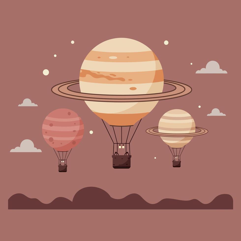 Saturn-themed hot air balloons floating in cloudy sky minimal flat design illustration vector