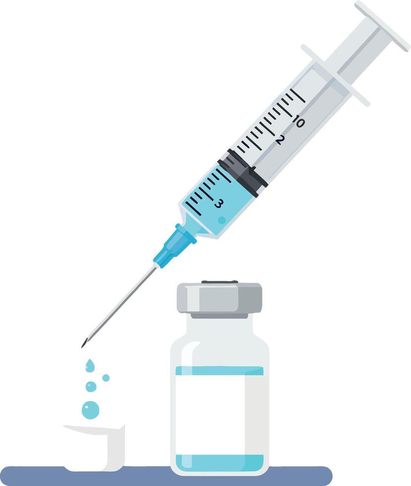 Medical syringe and vaccine vial with drops falling flat style minimal illustration vector