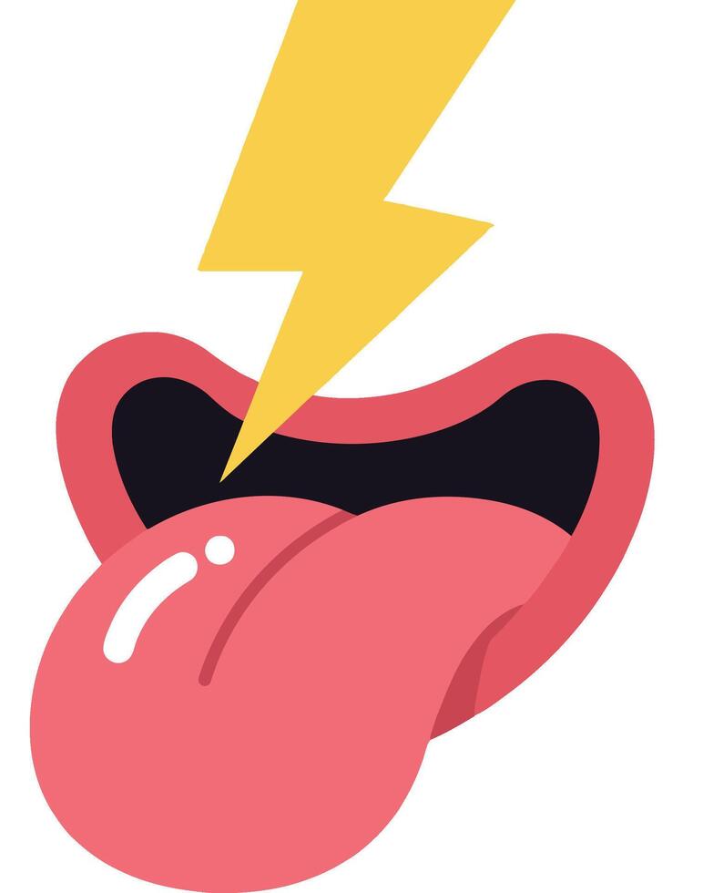 Cartoon open mouth with red tongue sticking out and yellow lightning bolt flat design art vector