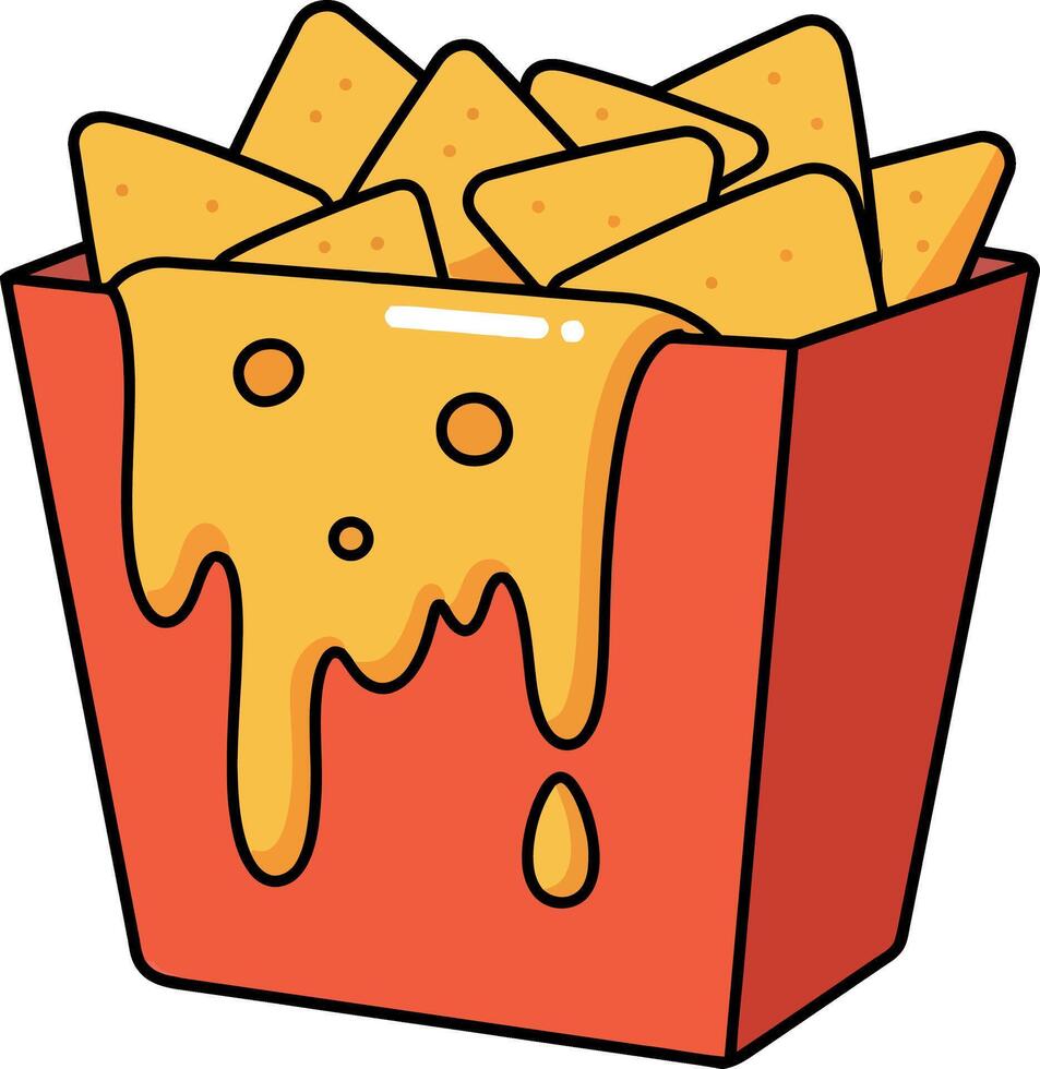 Nachos in red container with melted cheese dripping minimal flat style illustration vector