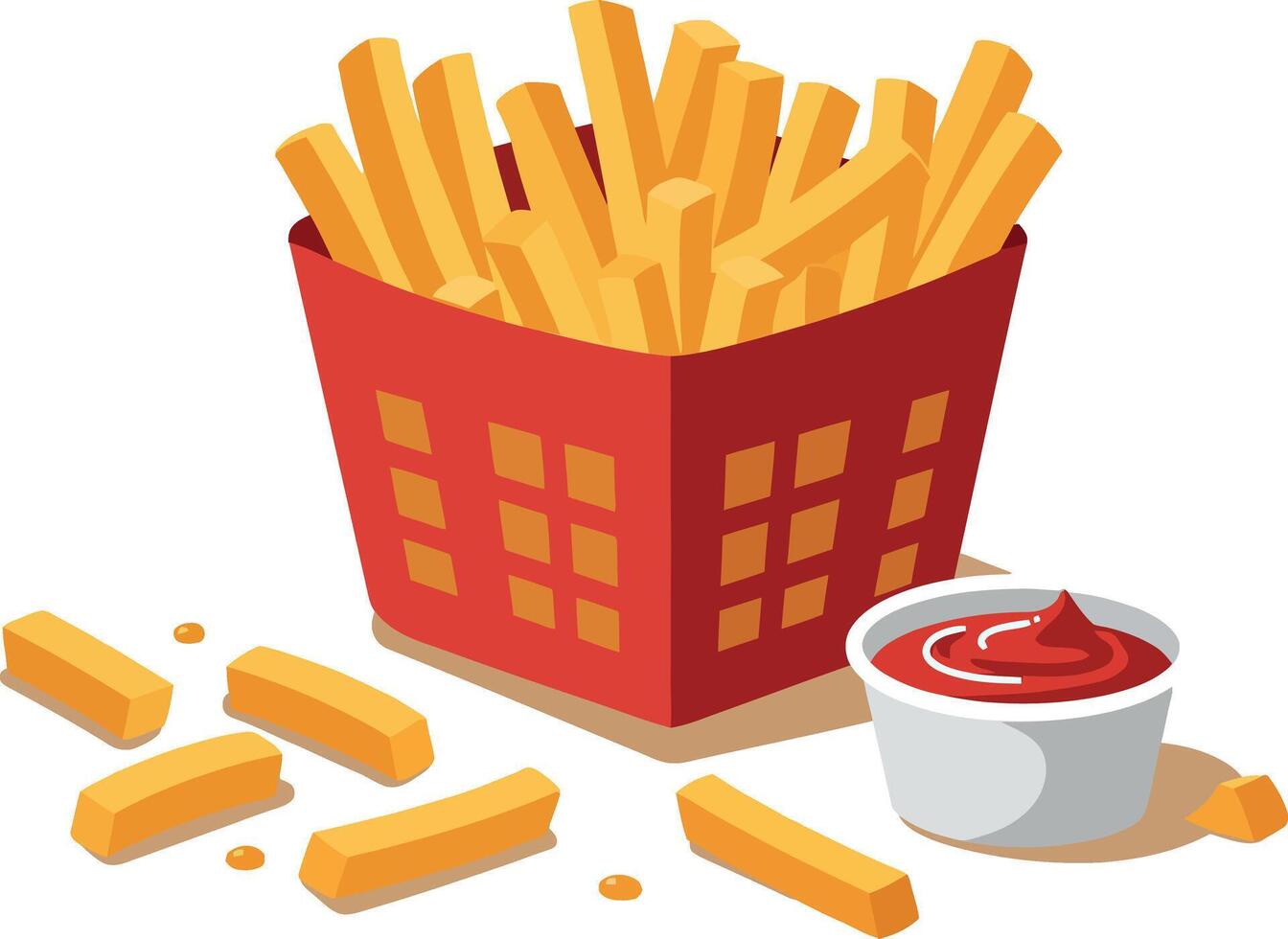 French fries in red container with scattered fries and small white cup of ketchup flat illustration vector