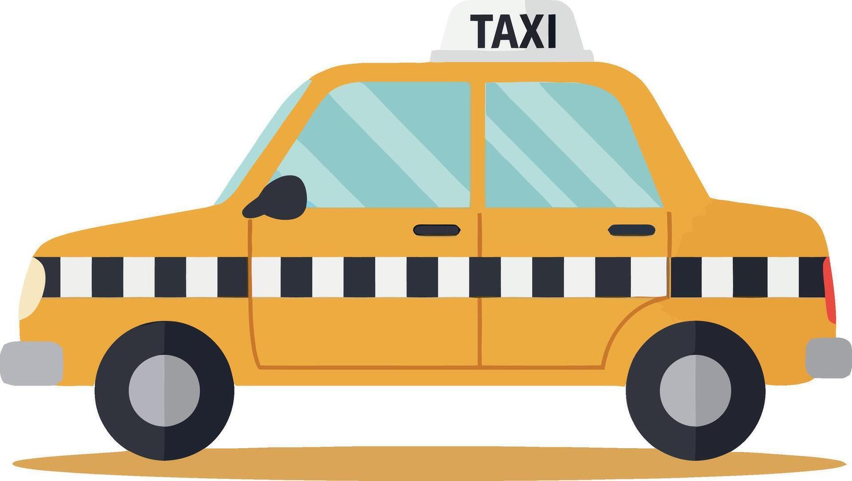 Yellow taxi car with checkered stripe and rooftop sign in flat design illustration vector