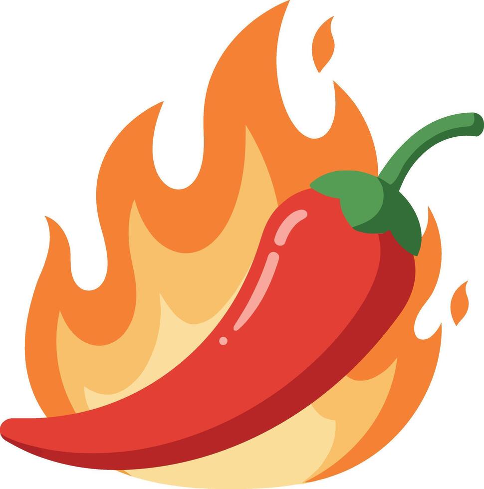 Red chili pepper with green stem and bright orange flames flat design spicy hot illustration vector